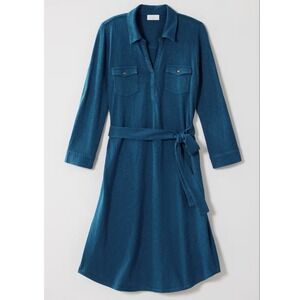 NEW J.Jill $99 Large Light Seaside Blue Garment-Dyed Split-Neck Short Shirtdress